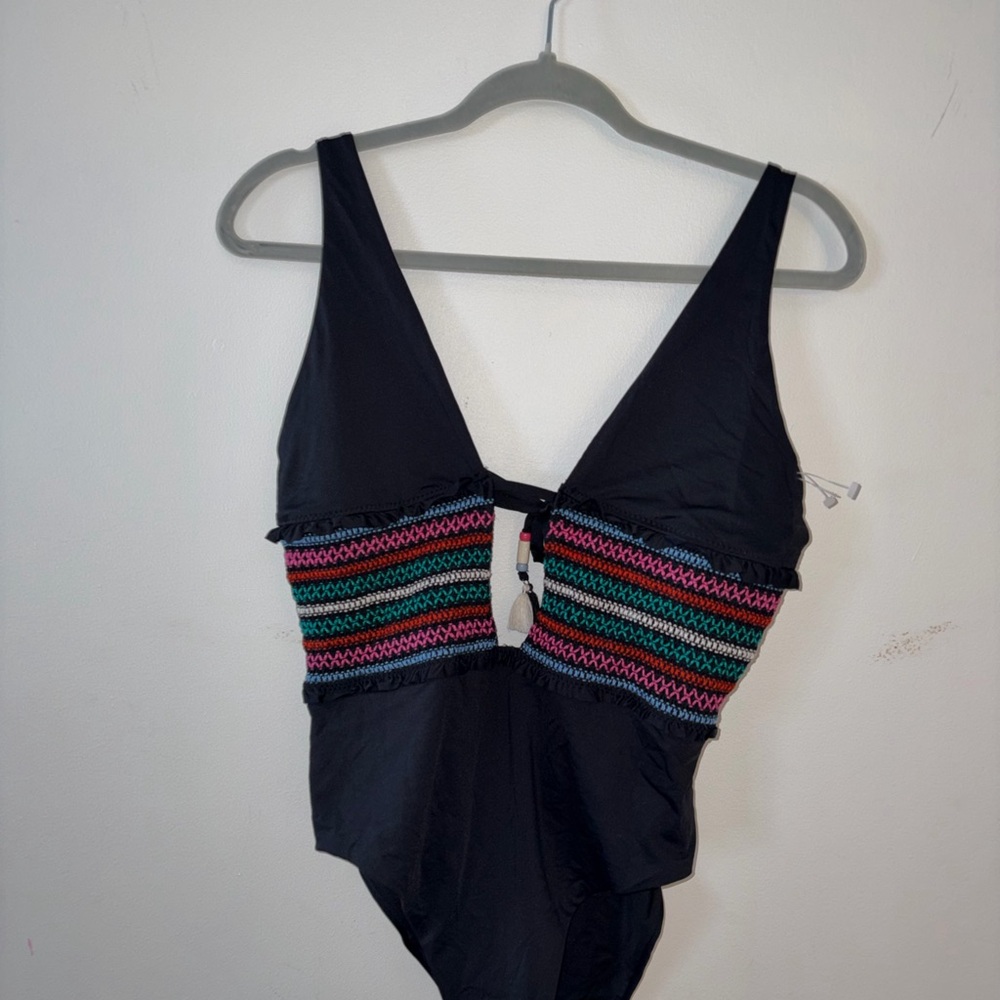NWT Black One-Piece Swimsuit with Colorful Pattern
